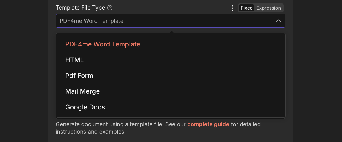 Template File Type dropdown in n8n PDF4me Generate Document (Single) node showing five options: PDF4me Word Template highlighted, HTML, Pdf Form, Mail Merge, and Google Docs